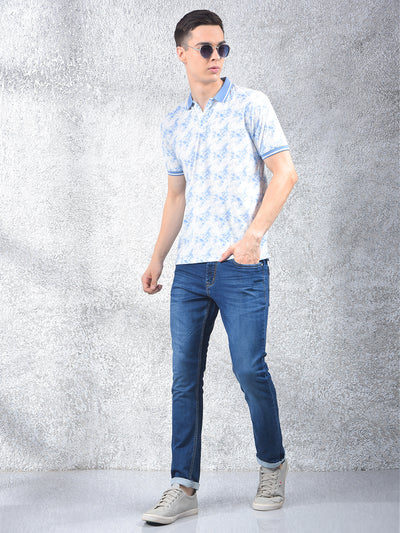 Blue Floral Print Polo Neck T-Shirt