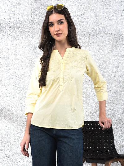 Yellow Embroidered V-Neck 100% Cotton Top