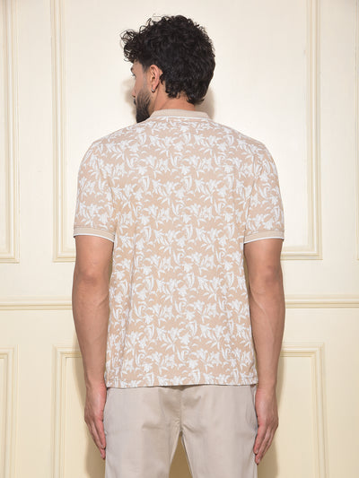 Beige Floral Print Polo-Neck T-Shirt