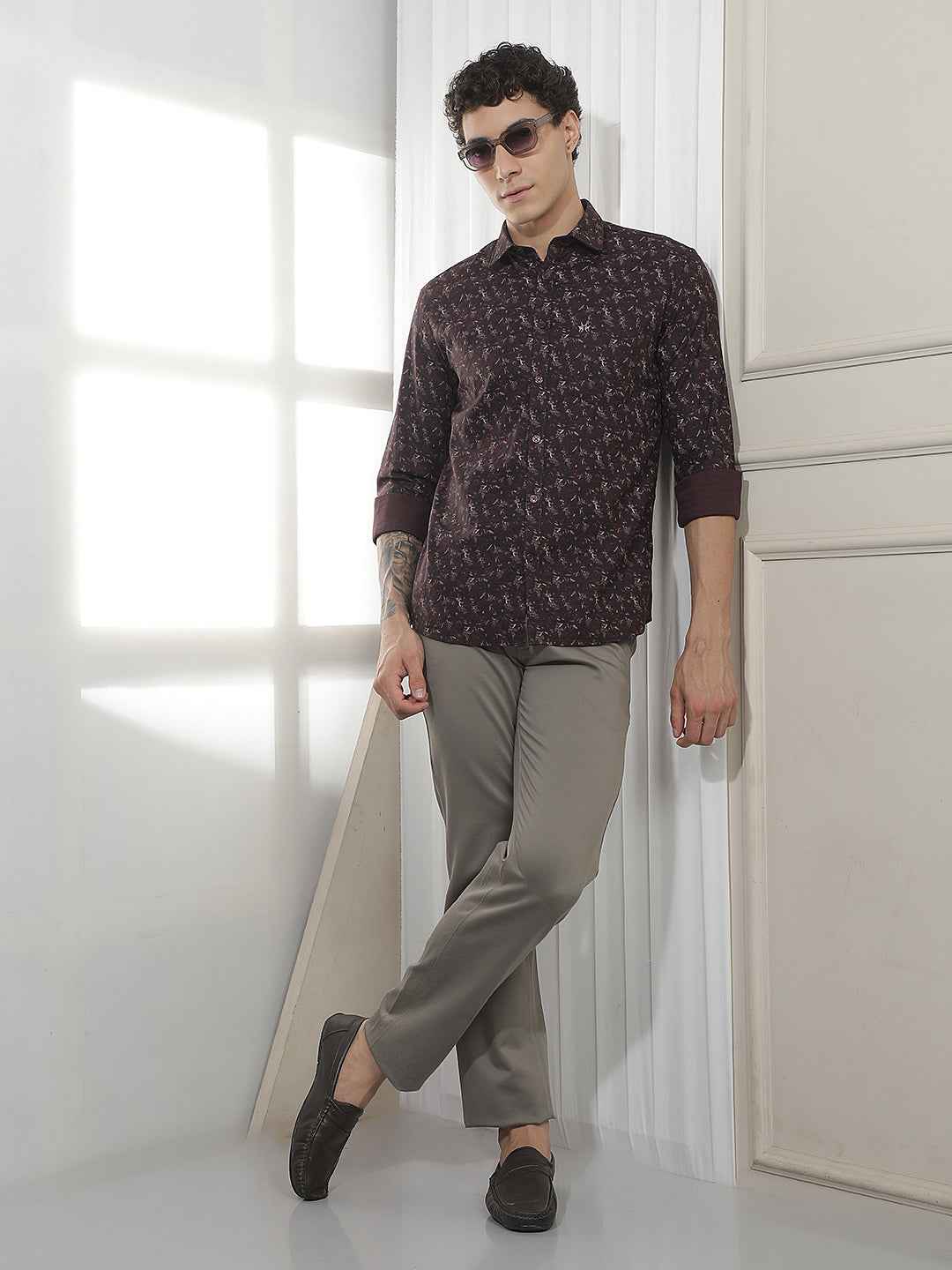 wine Floral Print Shirt