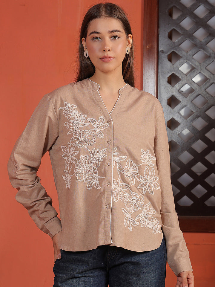 Beige Floral Embroidered V-Neck Shirt