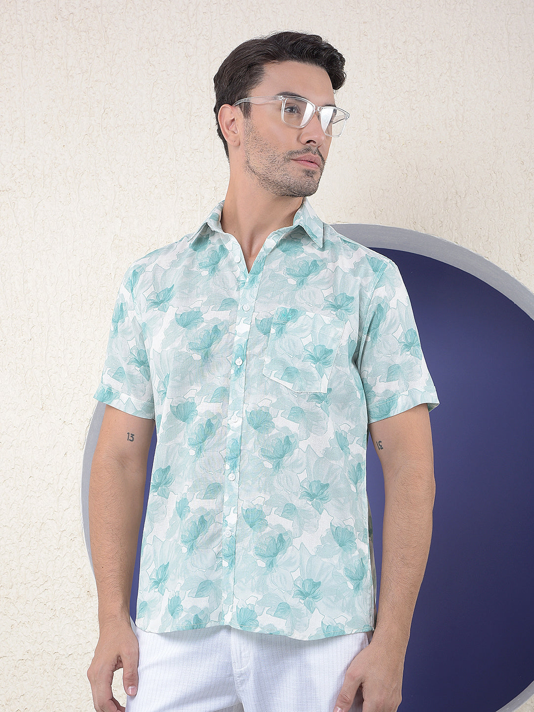 Green Floral Print Linen Shirt
