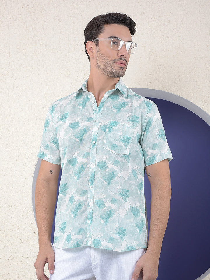 Green Floral Print Linen Shirt
