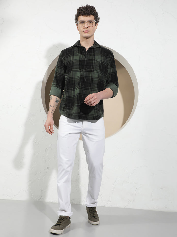 Green 100% Cotton Corduroy Checked Shirt