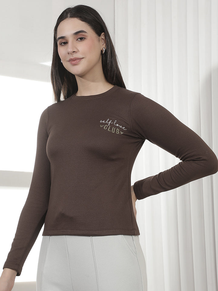 Brown Typographic Print Long Sleeves T-Shirt
