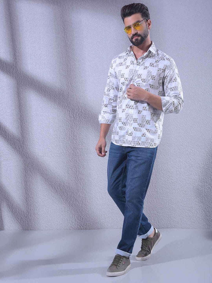 Olive Printed 100% Cotton Shirt