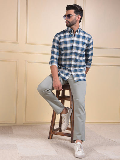 Green Checked Button-Down Collar 100% Cotton Shirt