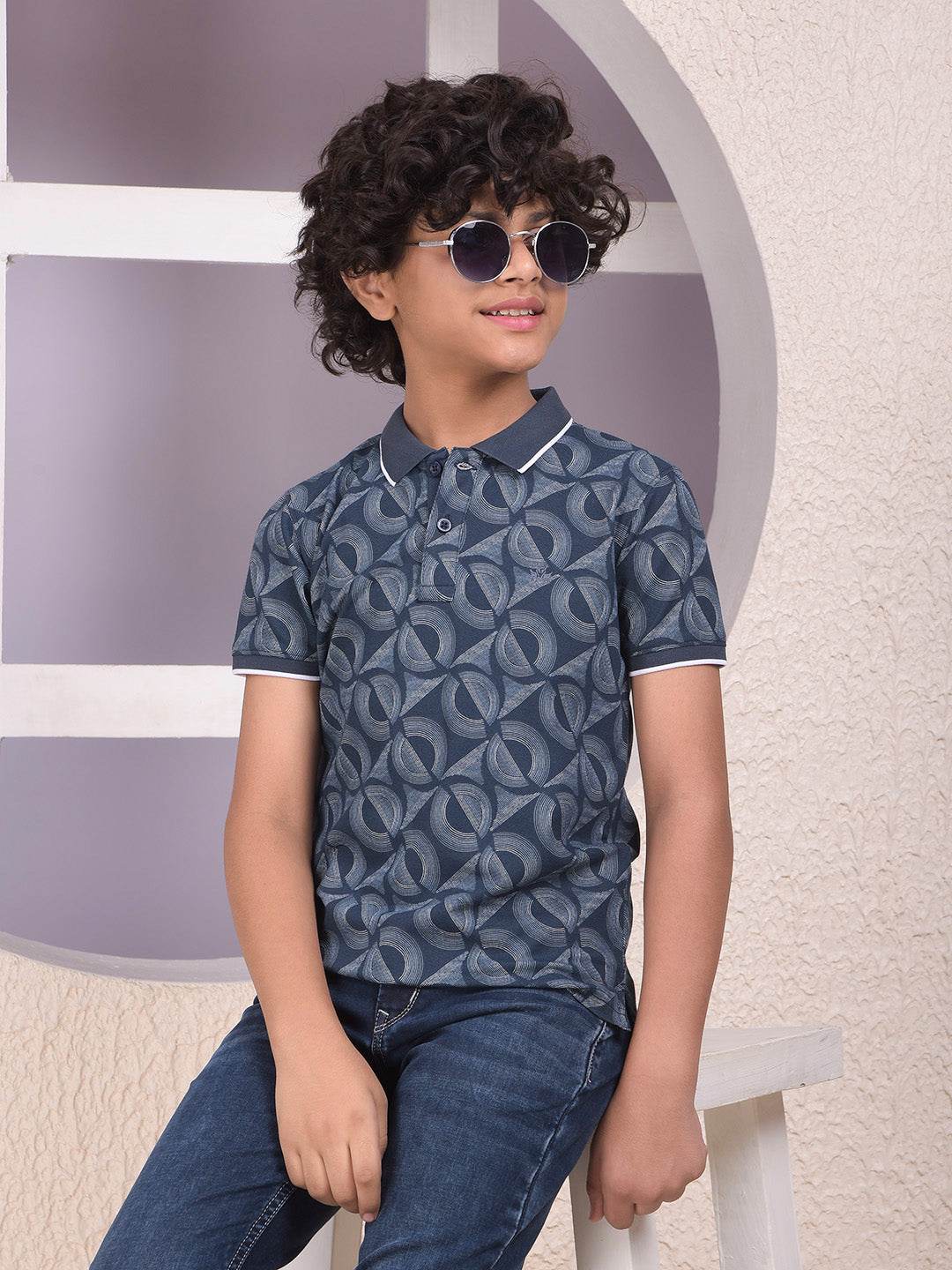 Navy Blue Printed Polo Neck T-Shirt