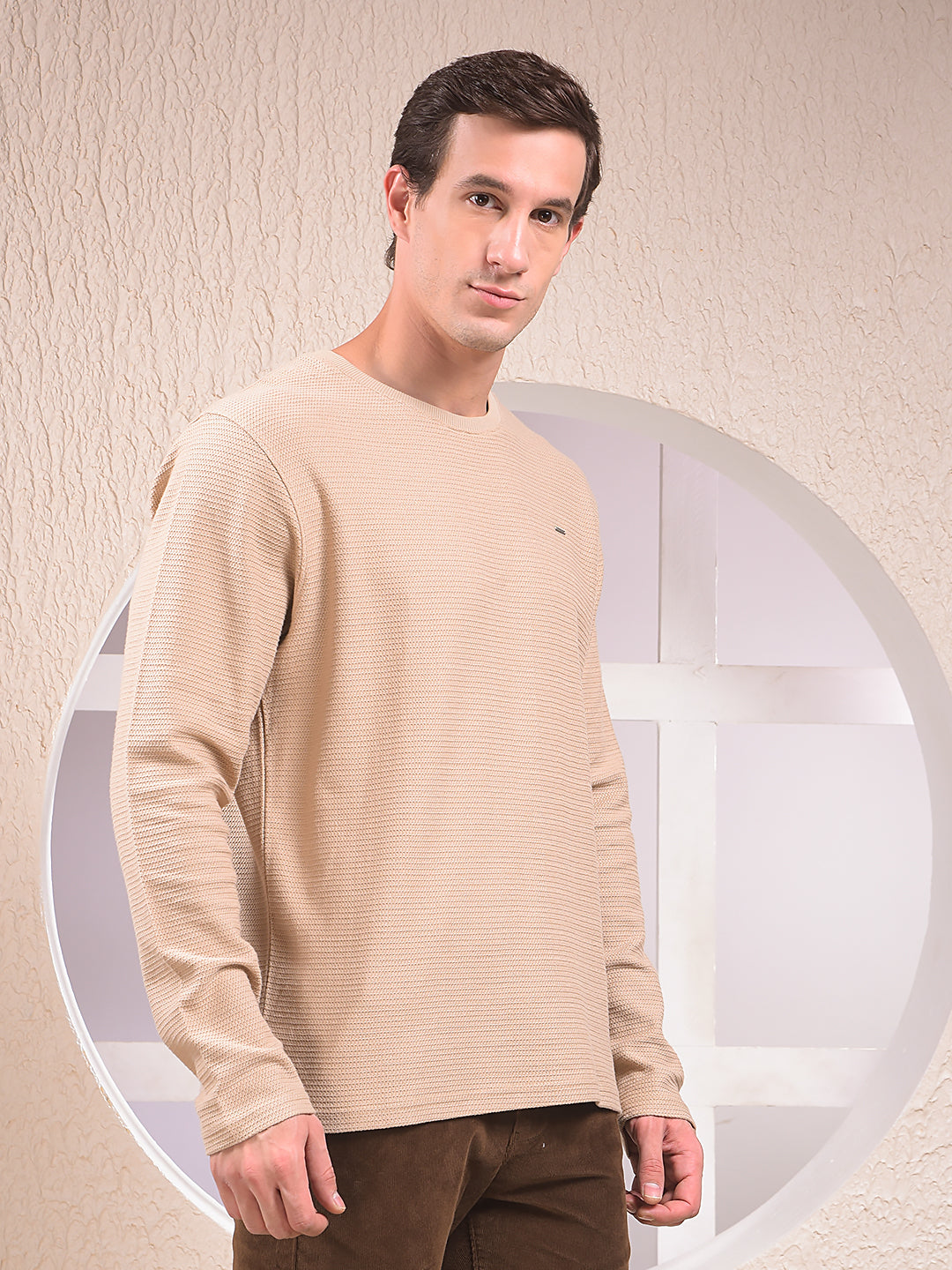 Beige Textured Knit Sweatshirt