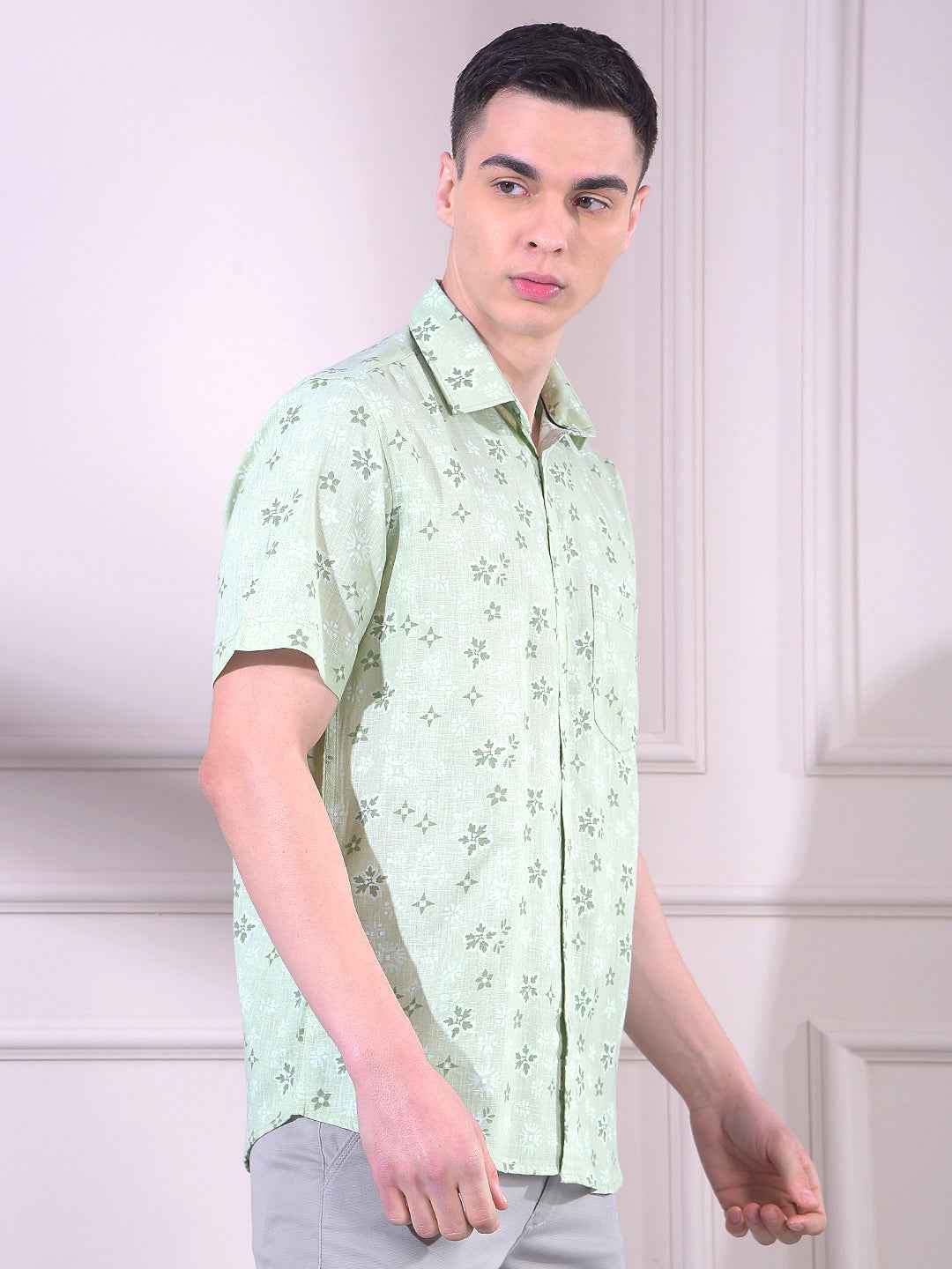 Green Linen Floral Print Shirt