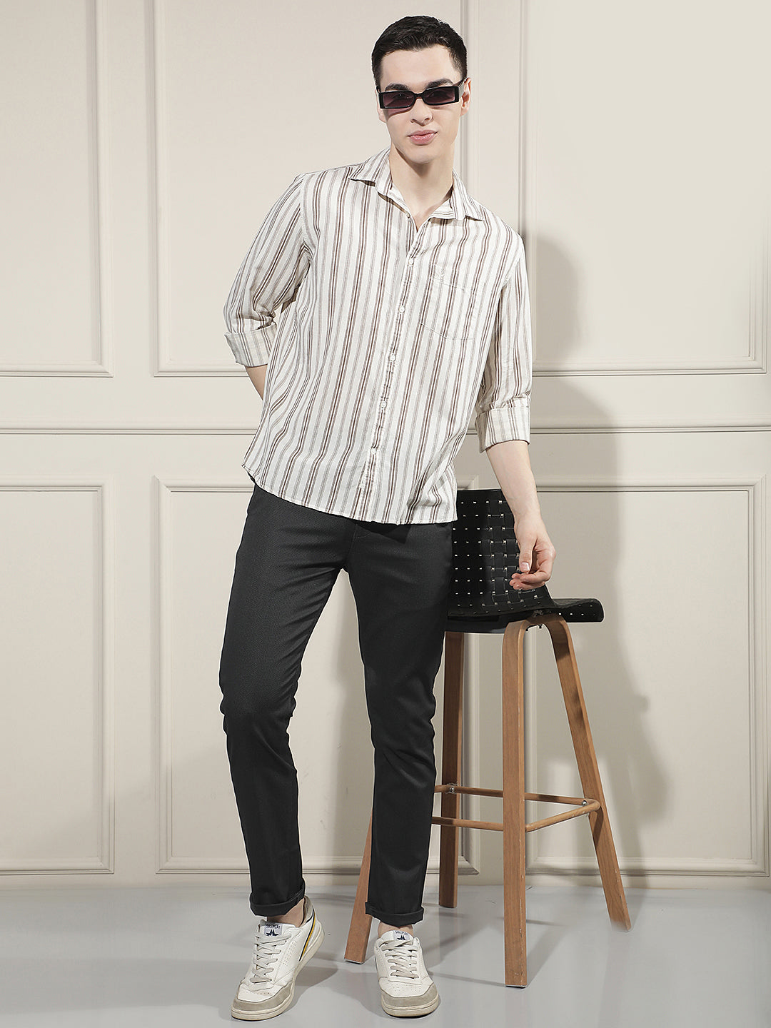 Brown Vertical Stripes Linen Shirt