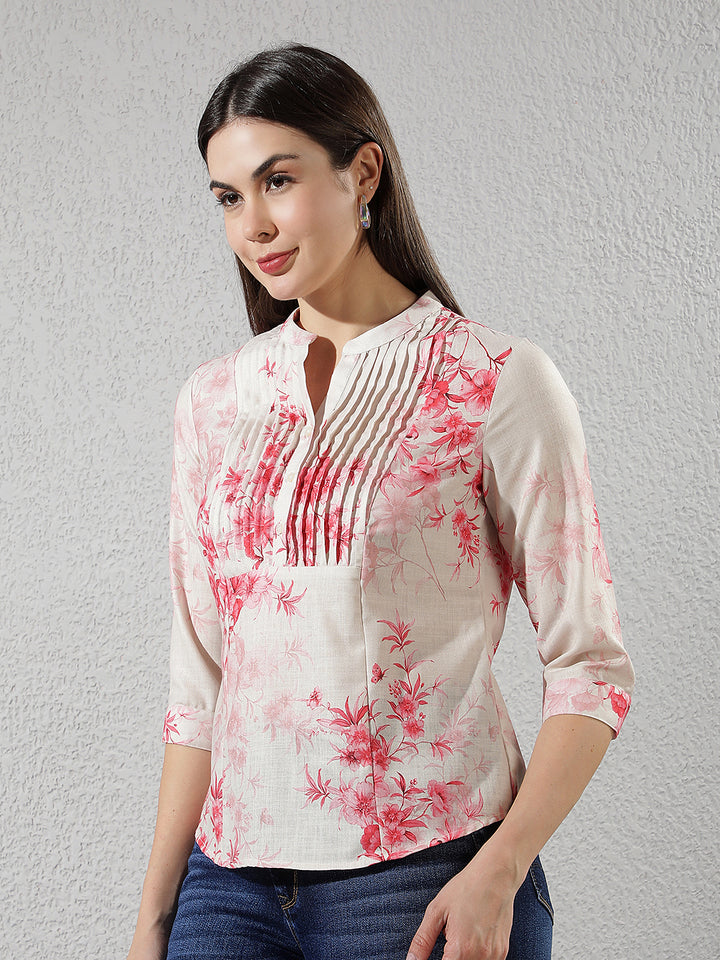 Pink V-Neck Floral Printed Top