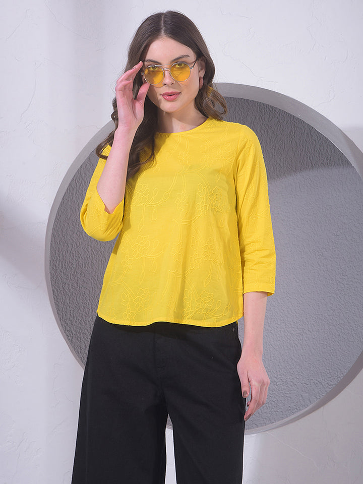 Yellow Embroidered 100% Cotton Top