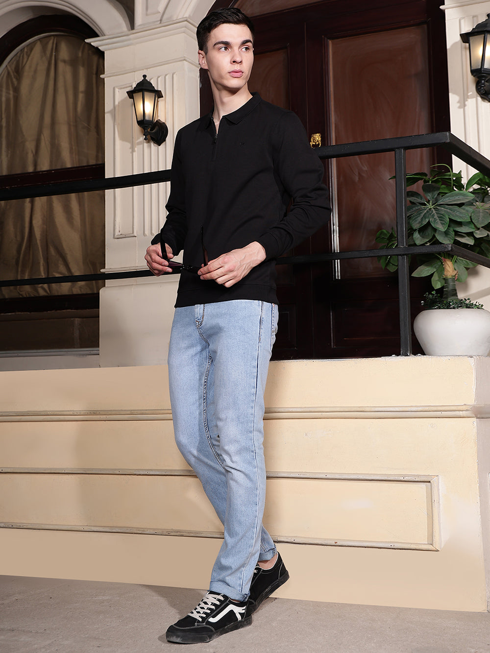 Black Polo Neck Front Open Sweatshirt