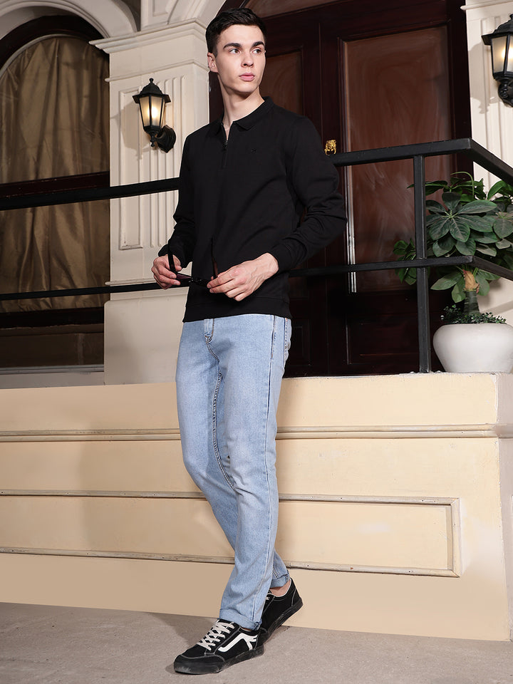 Black Polo Neck Front Open Sweatshirt