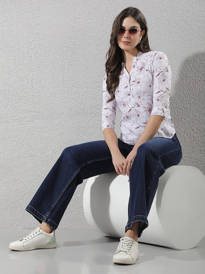 Purple Floral Print V-Neck Linen Top