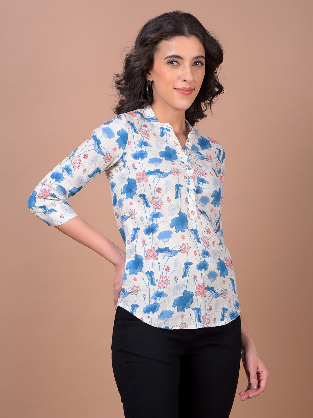 Blue Floral Print V-Neck Linen Top