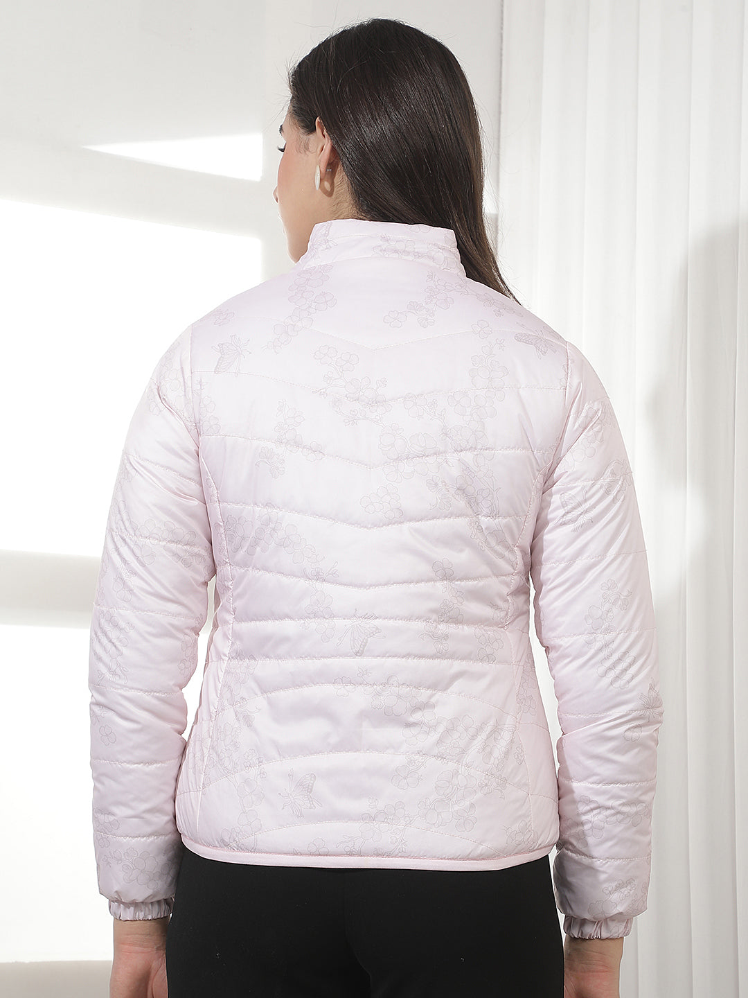 Pink Floral Print Waist Length Reversible Jacket