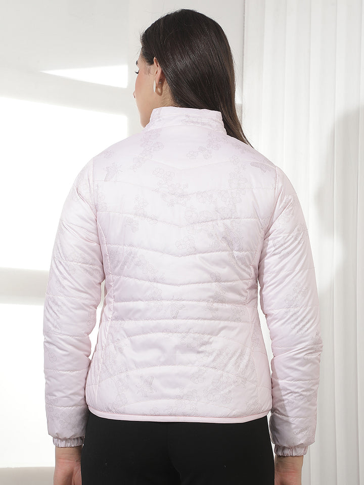 Pink Floral Print Waist Length Reversible Jacket