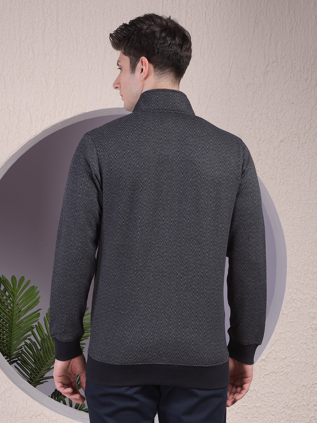 Black Herringbone Zip-Up Sweatshirt