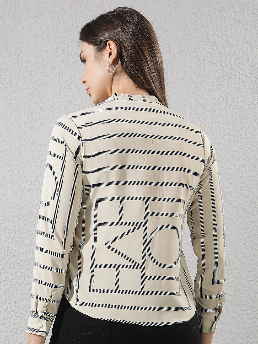 Beige Printed V-Neck Shirt