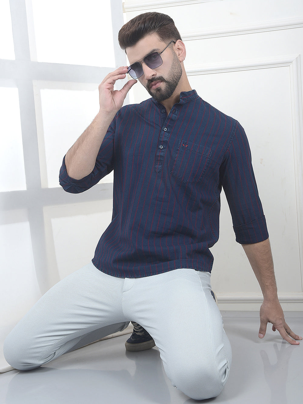 Blue Verticle Striped 100% Cotton Kurta