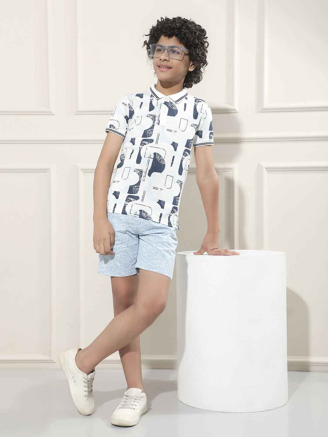 Blue Graphic Print Polo Neck T-Shirt