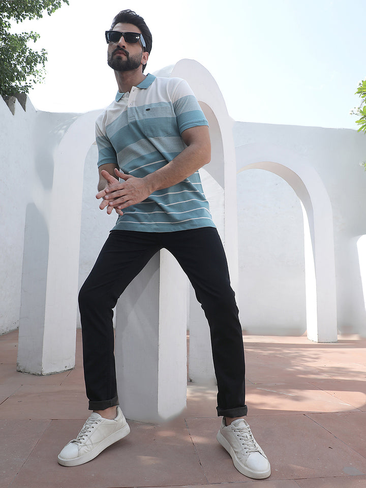 Green Horizontal Striped Polo Neck T-Shirt