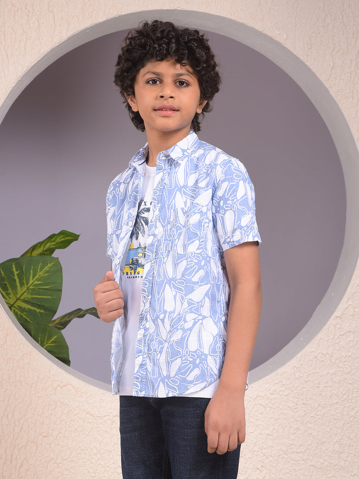 Blue Printed 100% Cotton Shirt & Tee Set Layered Look