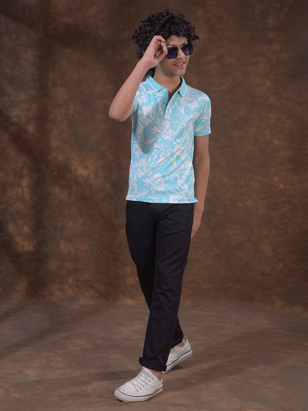 Blue Printed Polo Neck T-Shirt