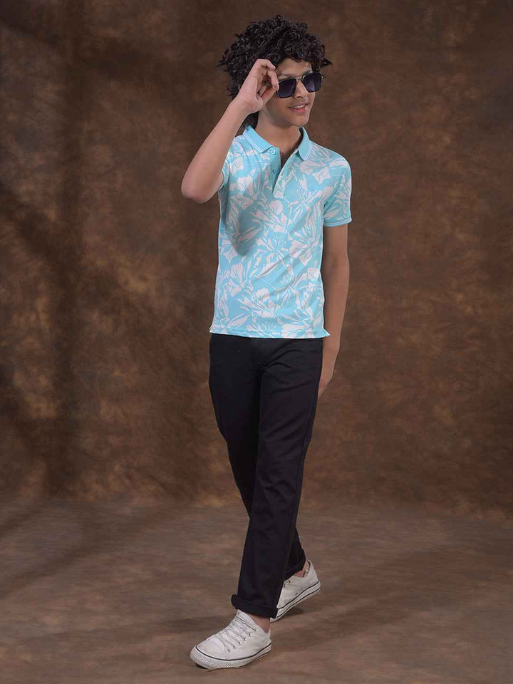 Blue Printed Polo Neck T-Shirt