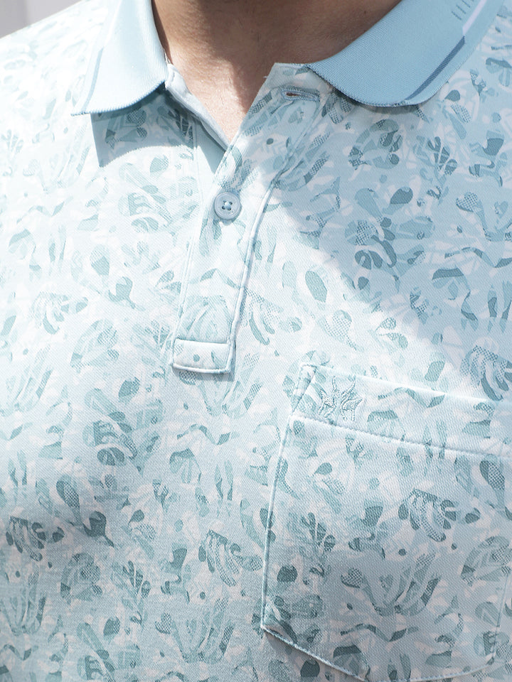 Blue Botanical Print Polo Neck T-Shirt