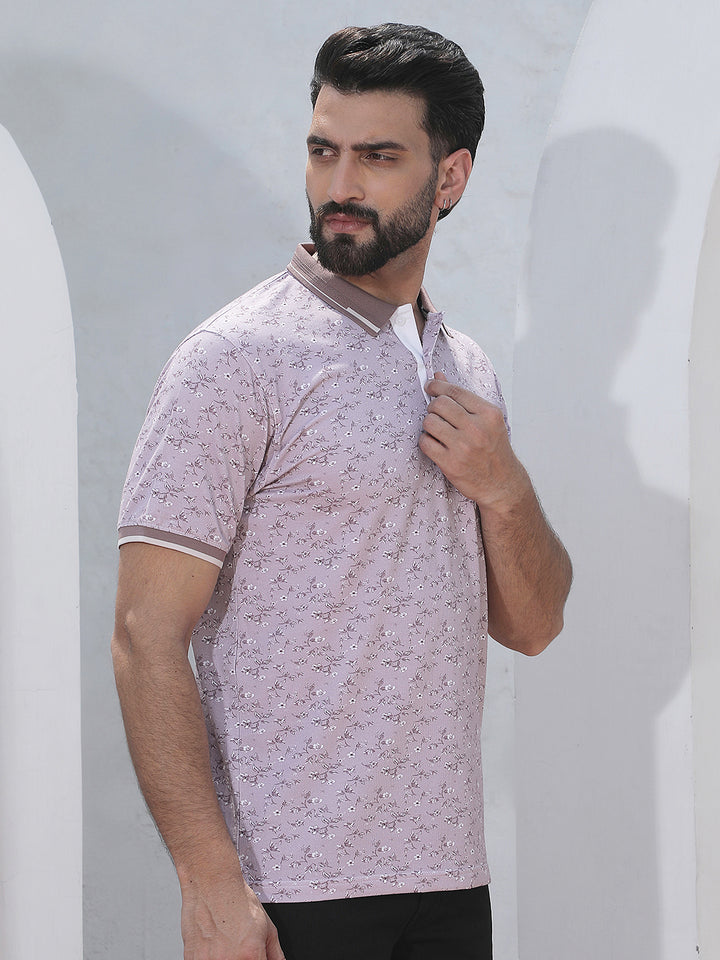 Purple Floral Print Polo Neck T-Shirt
