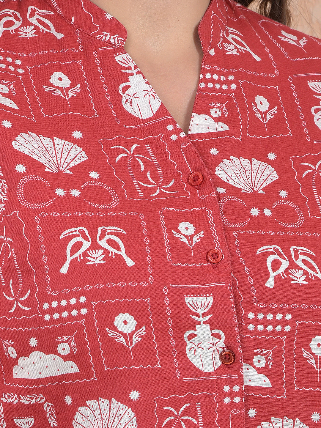 Printed 100% Cotton Red V-Neck Shirt
