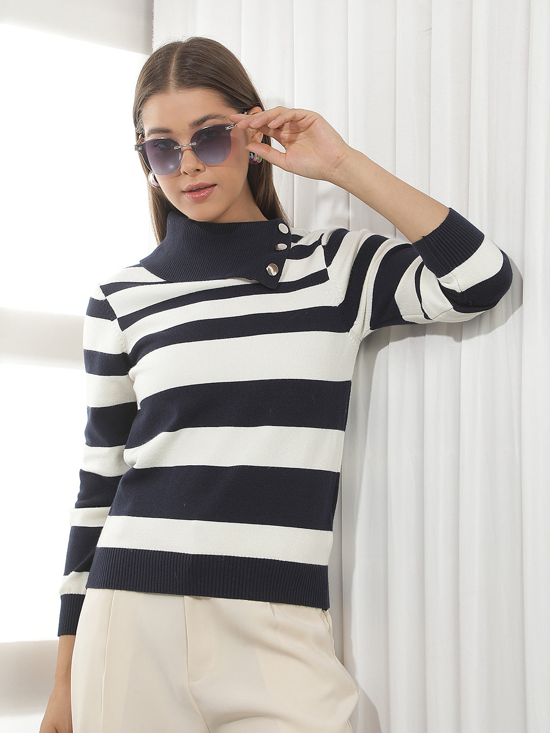 Navy Blue Horizontal Stripes High Neck Sweater