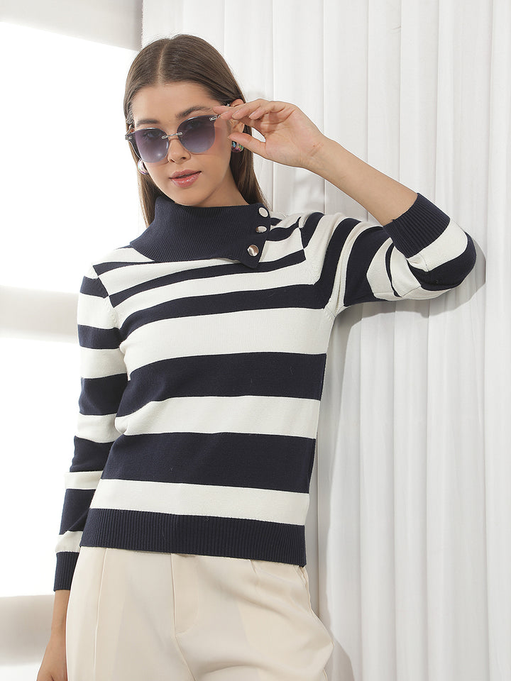 Navy Blue Horizontal Stripes High Neck Sweater