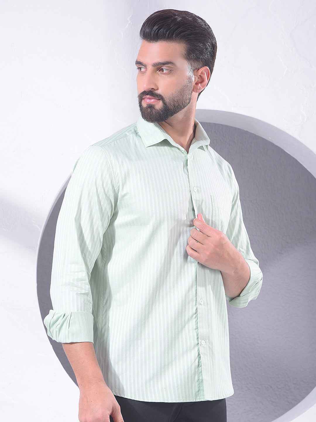 Green Vertical Stripes 100% Cotton Shirt