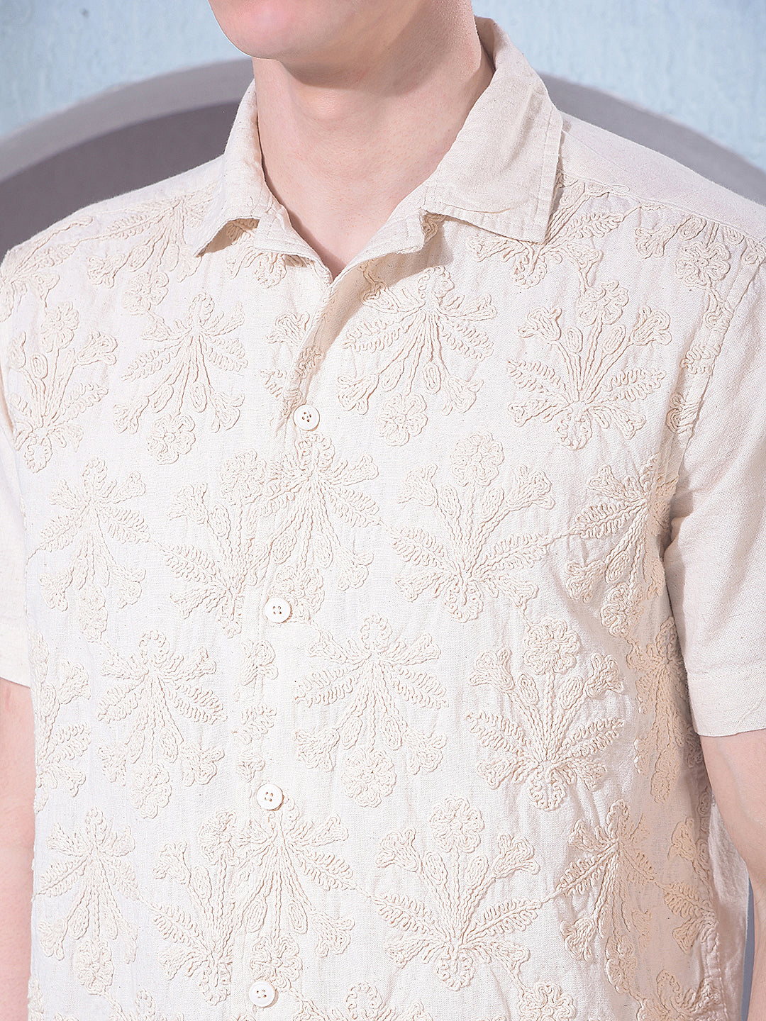 Beige Embroidered Linen Shirt