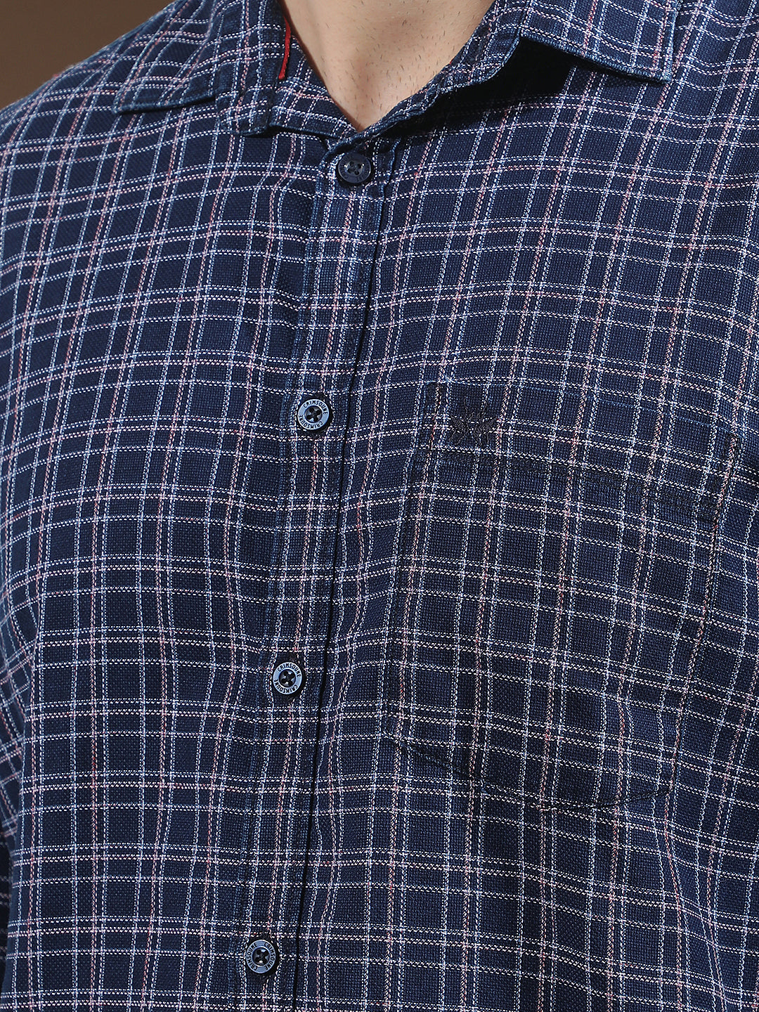 Navy Blue 100% Cotton Checked Shirt