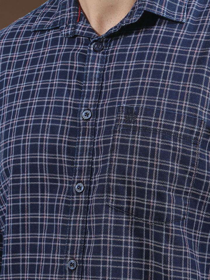 Navy Blue 100% Cotton Checked Shirt