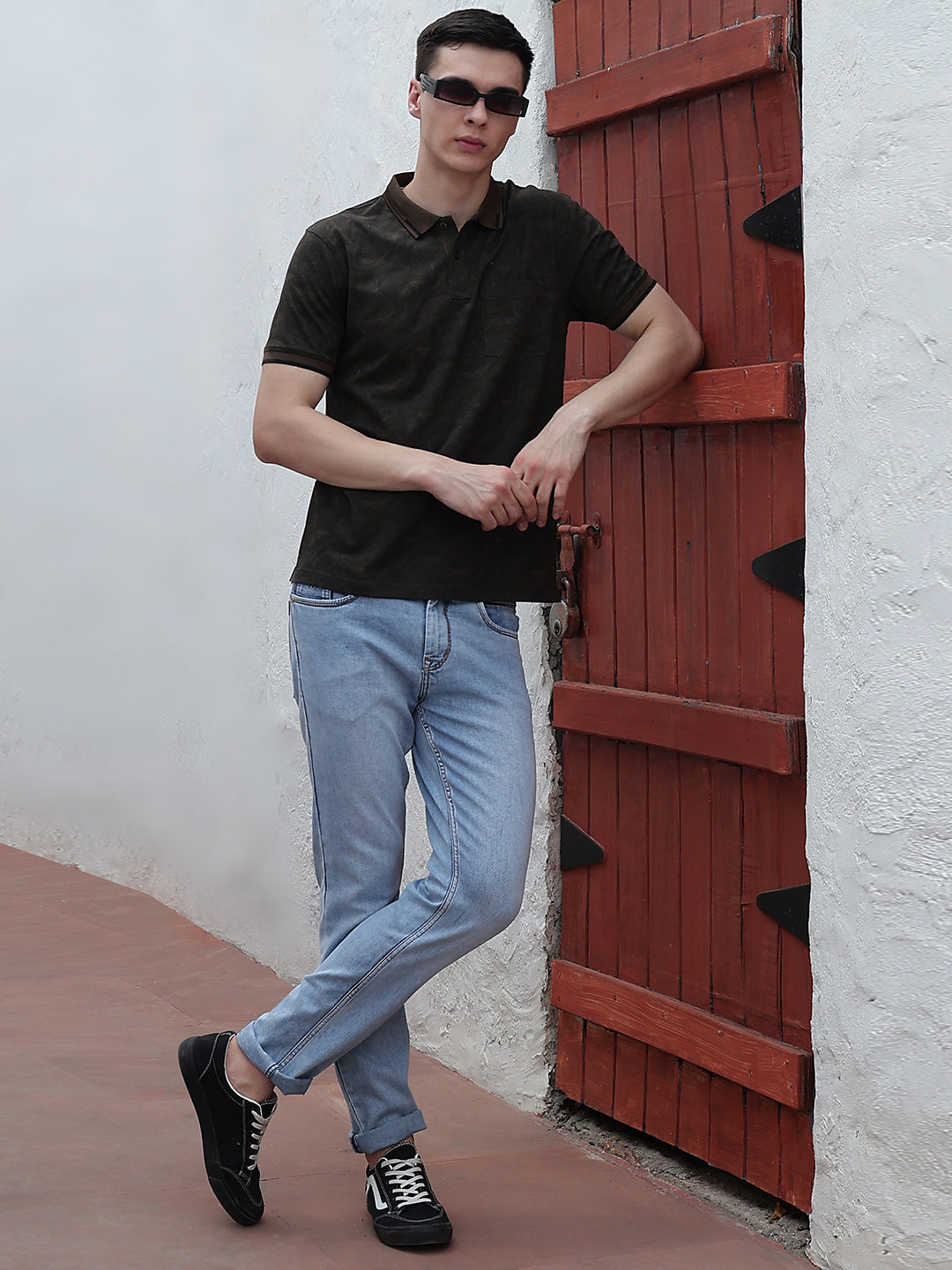 Brown Printed Polo Neck T-Shirt