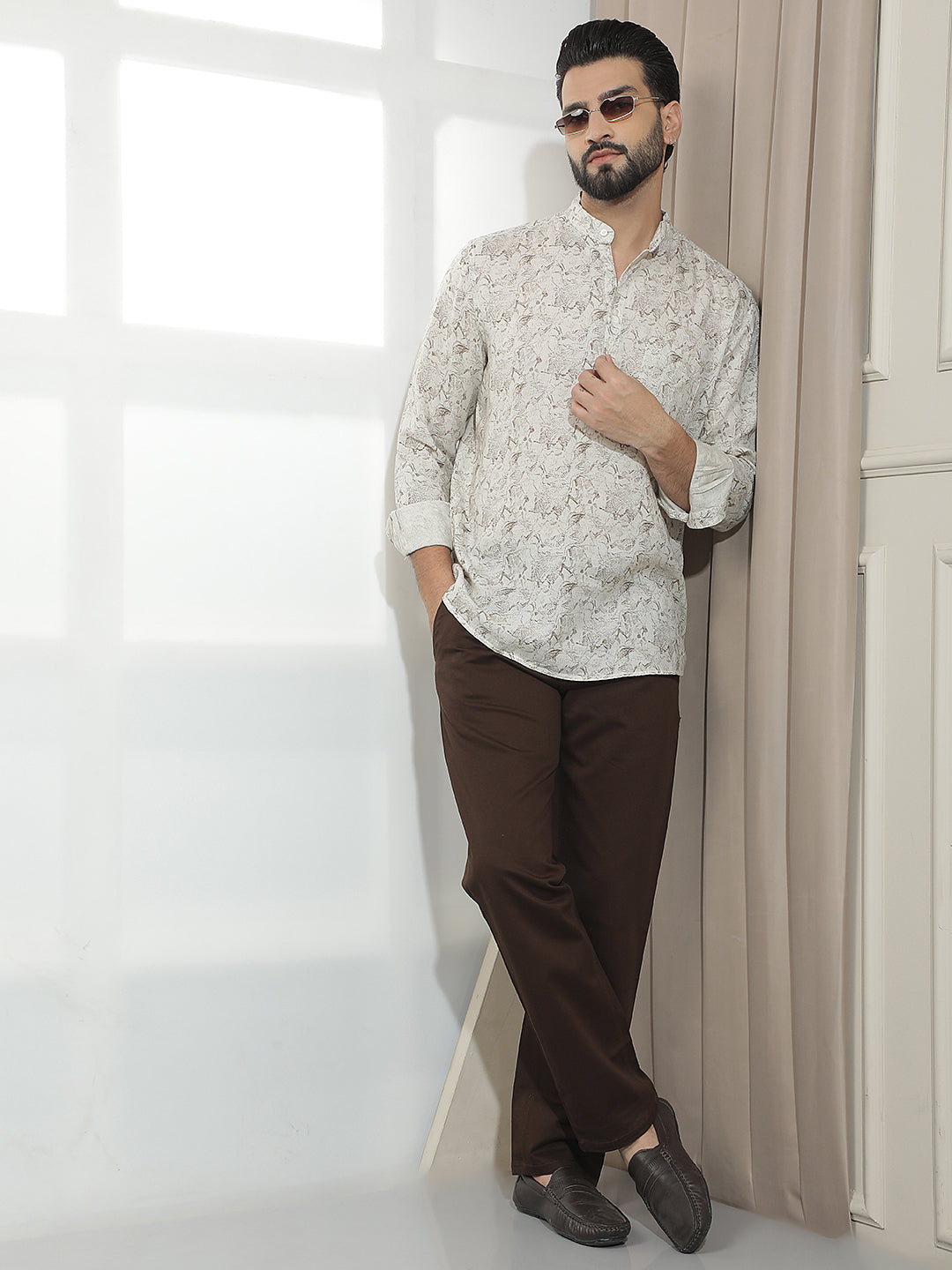 Beige Floral Print Linen Kurta