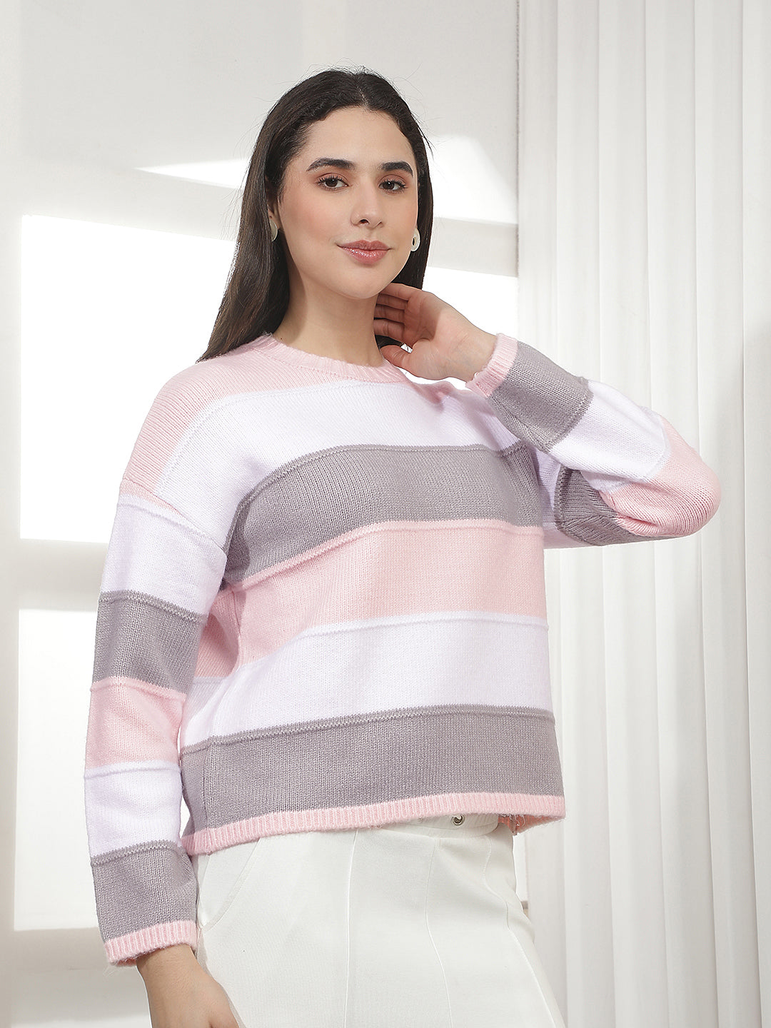 Pink Horizontal Stripes Acrylic Sweater