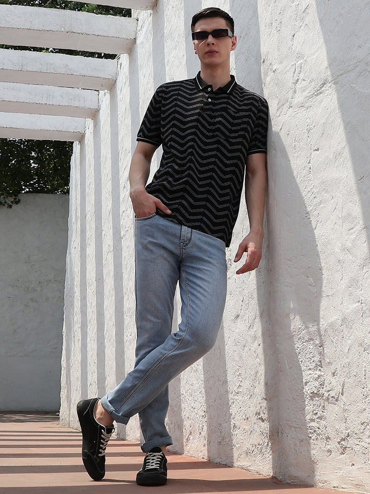 Black Printed Polo Neck 100% Cotton T-Shirt