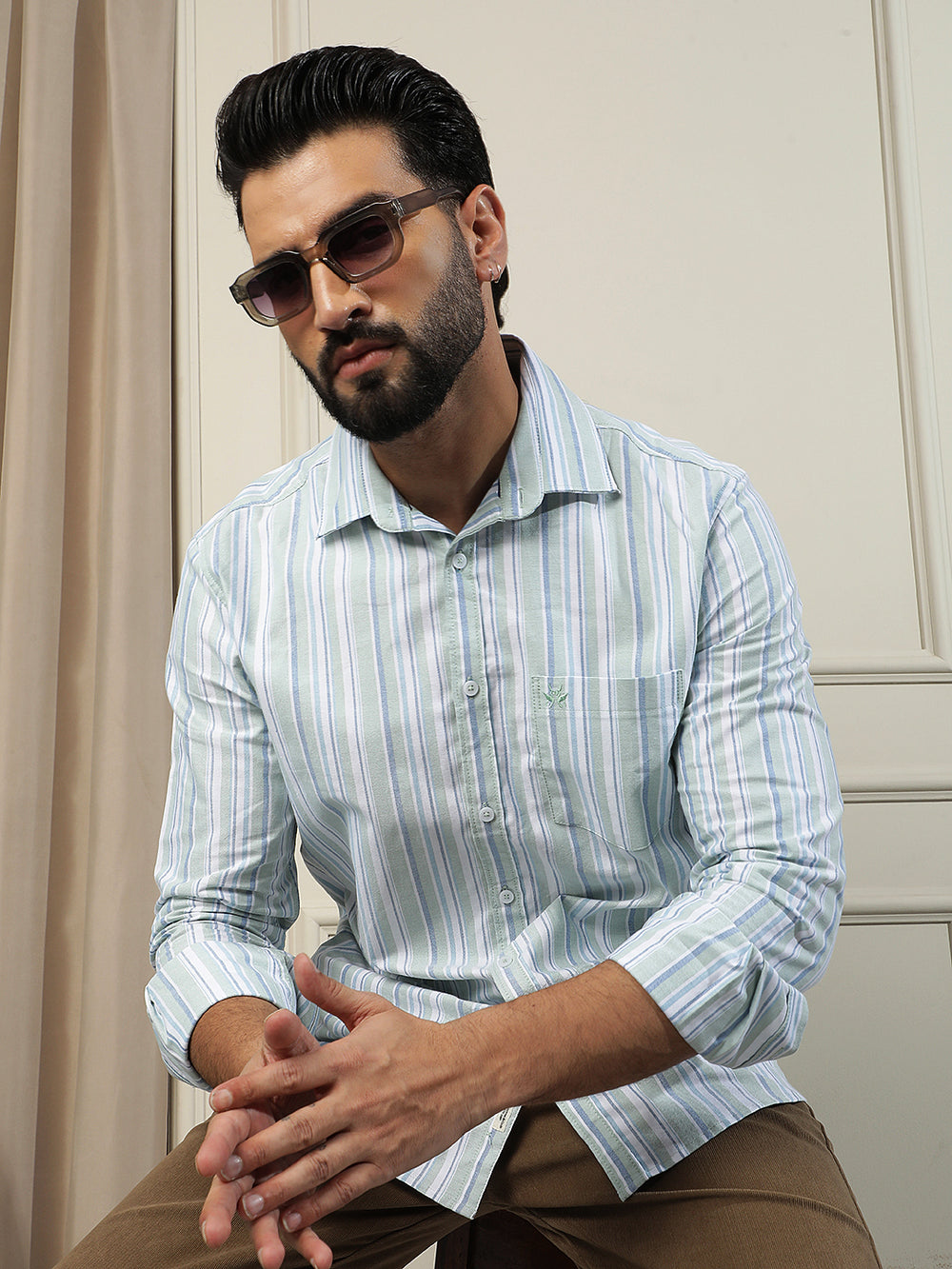 Green Vertical Stripes 100% Cotton Shirt