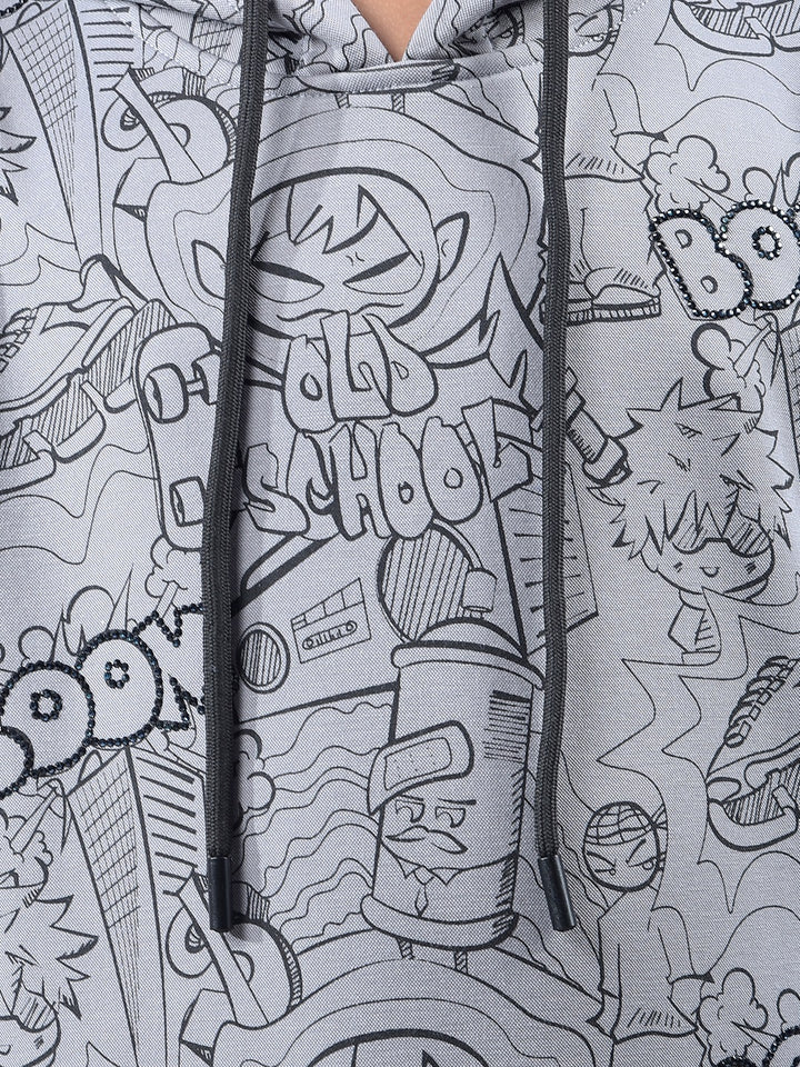 Grey Graphic Print Hooded Neck Sweatshirt