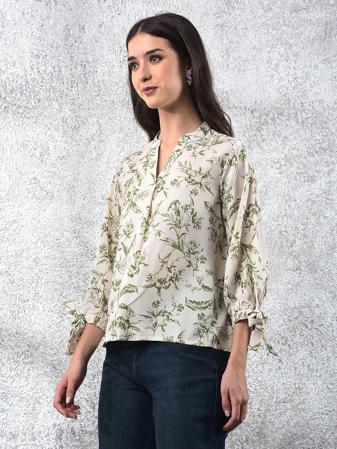 Green Floral Print V-Neck Top