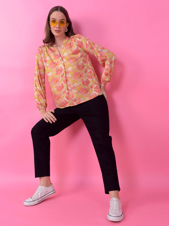 Olive Floral Print V-Neck Top