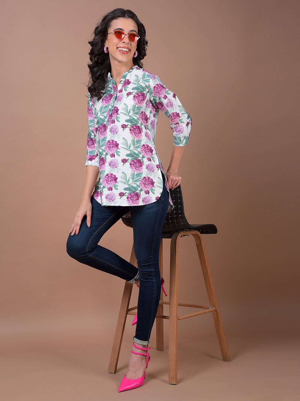 Purple Floral Print V-Neck Top