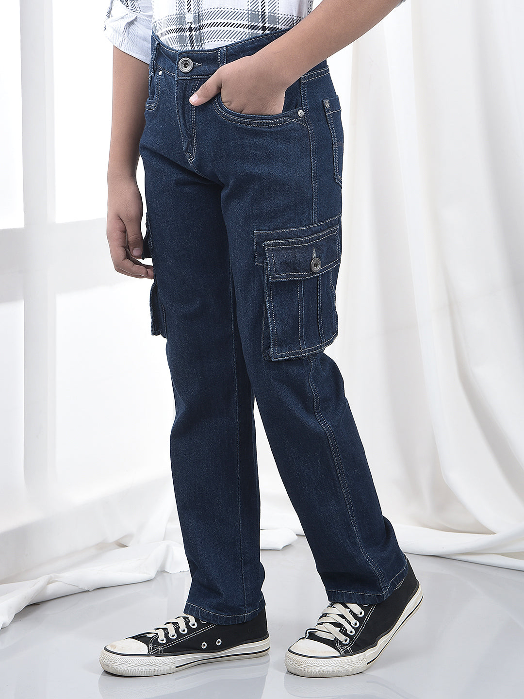 Blue 100% Cotton Straight Cargo Jeans